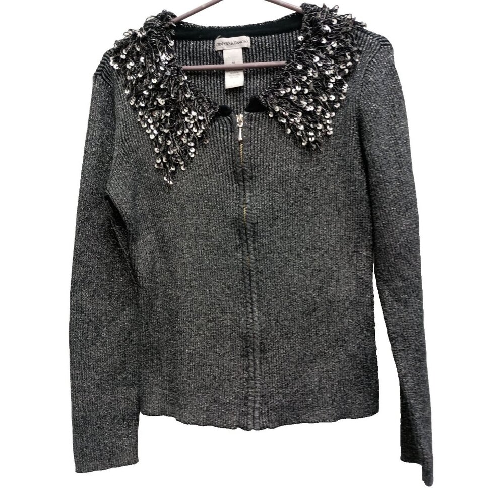 Y2K Draper's & Damon's Cardigan Medium Black Metallic Fringe Sequined Grunge